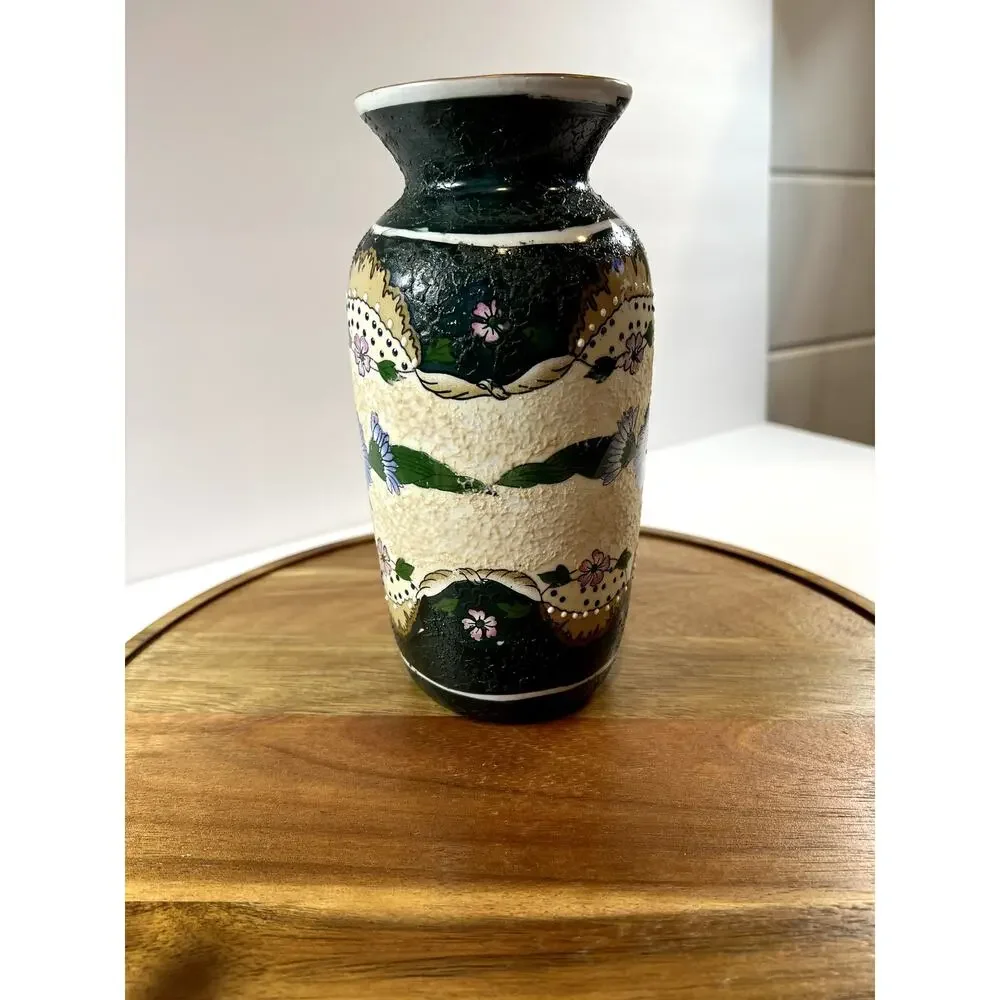 Vintage Floral Vase Ceramic Dark Green Floral Design‎ Home Decor Accent
